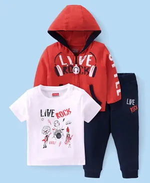 Babyhug Cotton Knit T-Shirt & Lounge Pant Set with Full Sleeves Hoodie Text Print - Coral & Blue