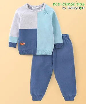 Babyoye 100% Cotton Knit Colour Blocked Full Sleeves Baby Sweater Sets -Blue