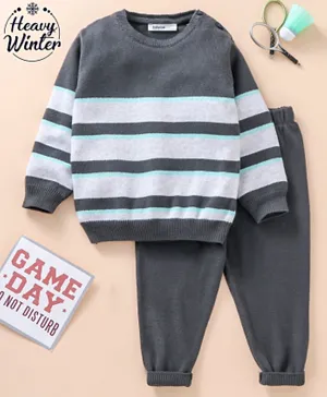 Babyoye  100% Cotton Stripes Full Sleeves Baby Sweater Sets - Grey