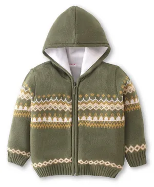 Babyhug Acrylic Knit Full Sleeves Hooded Sweater Argyle Design - Olive Green