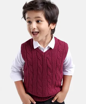 Babyhug Knitted Sleeveless Sweater with Cable Knit Design - Maroon