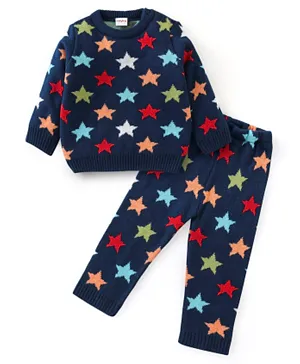 Babyhug Acrylic Knit Full Sleeves Sweater Set Star Design - Navy Blue