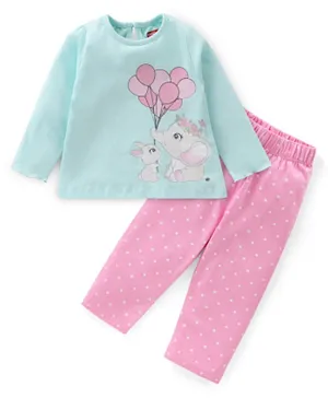 بيبي هاغ - بدلة نوم قطنية متماسكة وأكمام طويلة مطبوعة بطبعة الفيل والأرنب - أزرق ووردي