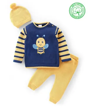 Babyhug Organic Cotton Full Sleeves Bee Patched Sweater Set with Cap - Multicolour