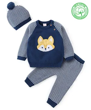 Babyhug Organic Cotton Full Sleeves Sweater Set with Cap Fox Embroidery and Striped Design - Blue