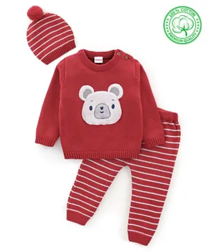 Babyhug Acrylic Knit Full Sleeves Sweater Set Teddy Embroidery - Red