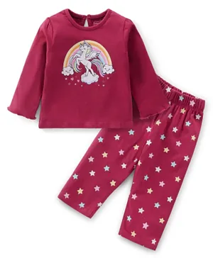 Babyhug Cotton Knit Full Sleeves Unicorn & Stars Printed Night Suit - Maroon