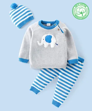 Babyhug Organic Cotton Full Sleeves Sweater Sets With Elephant  Applique - Blue