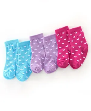 Cutewalk By Babyhug Cotton Anti Bacterial Ankle Length Heart Print Socks Pack of 3 - Blue Purple & Pink
