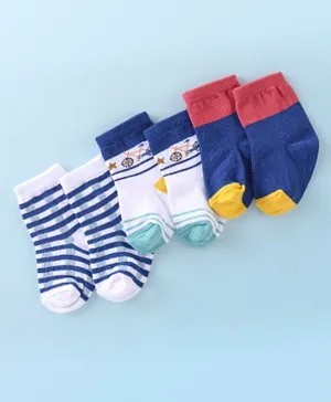 Cutewalk By Babyhug Anti Bacterial Ankle Length Socks Stripes & Bicycle Design Pack of 3- White & Blue
