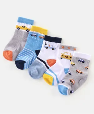 Cutewalk by Babyhug Cotton Anti-Bacterial Ankle Length Cars Design Socks Pack of 5 - Multicolour