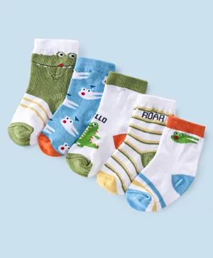 Cutewalk By Babyhug Cotton Anti Bacterial Ankle Length Striped & Crocodile Print Socks Pack of 5 - Green Blue & White
