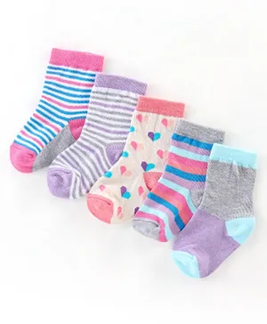 Cutewalk By Babyhug Anti Bacterial Ankle Length Socks Stripes & Heart Design Pack of 5- Purple Grey & Pink