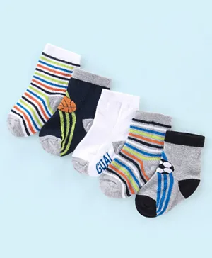 Cute Walk by Babyhug Cotton Knit Anti Bacterial Ankle Length Socks Stripes & Ball Design Pack of 5 - Black Grey & White