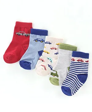 Cutewalk by Babyhug Cotton Anti-Bacterial Ankle Length Cars Design & Striped Socks Pack of 5 - Multicolour