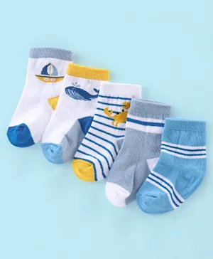 Cute Walk by Babyhug 5 Pack Cotton Knit Anti Bacterial Ankle Length Socks Stripes & Marine Life Design - Multicolor