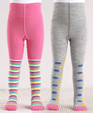 Cute Walk by Babyhug 2 Pack Cotton Antibacterial Striped Footed Tights - Pink & Grey