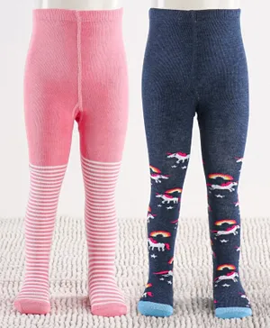 Cutewalk by Babyhug Non Terry Footed Anti-Bacterial Unicorn Design Tights Pack of 2 - Pink & Navy