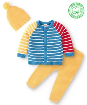 Babyhug Organic Cotton Full Sleeves Sweater Set with Cap Striped Design - Multicolour