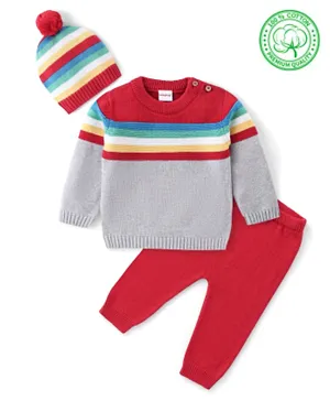 Babyhug Organic Cotton Knit Full Sleeves Striped Sweater Set - Red & Grey