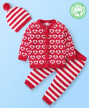 Babyhug Organic Cotton Full Sleeves Sweater Set with Cap Striped and Heart Design - Red