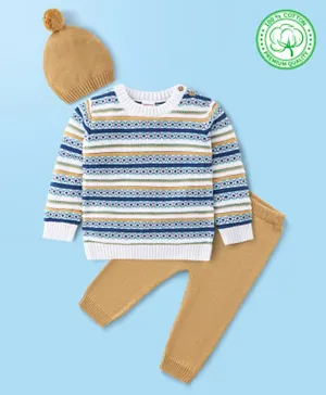 Babyhug Organic Cotton Knit Full Sleeves Striped Sweater Set - Mustard & Blue