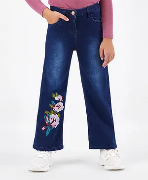 Primo Gino Cotton Elastane Woven Full Length Washed Denim Jeans with Floral Embroidery - Mid Blue
