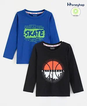 Honeyhap Premium 100% Cotton Full Sleeves T-Shirts With Bio Finish Basketball & Skate Print Pack of 2- Royal Blue & Black