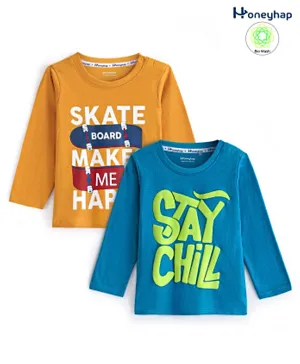 Honeyhap Premium 100% Cotton Single Jersey Full Sleeves T-Shirt with Bio Finish Text Print Pack of 2 - Blue & Yellow