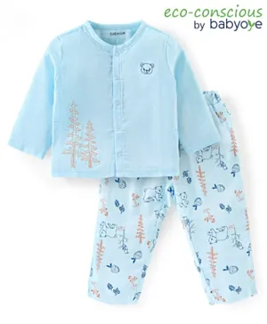 Babyoye  100%  Organic Muslin with Eco-Jiva Finish Bear Printed T-Shirt & Lounge Pant Set - Blue