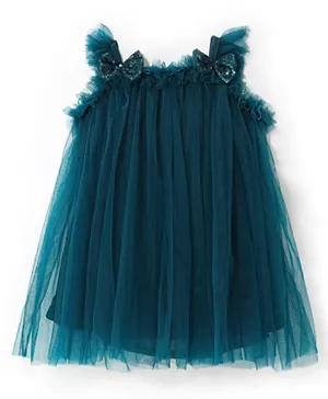 Babyhug Singlet Sleeves Mesh & Bow Detailing A-Line Party Frock - Teal Blue
