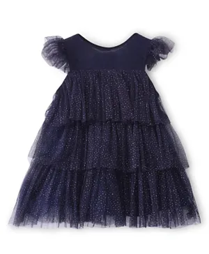 Babyhug Woven Sleeveless Party Frock All Over Foil Print Solid Colour - Navy Blue