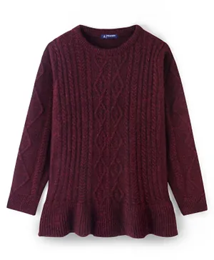 Pine Kids Acrylic Full Sleeves Sweater With Cable Knit Ruffle & Shine Finished - Maroon