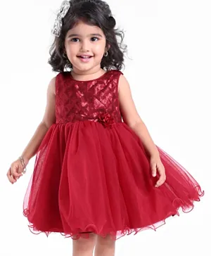 Babyhug Sleeveless Party Frock With Sequin Embroidery & Floral Corsage- Red