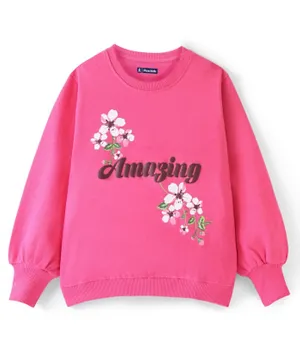 Pine Kids Full Sleeve Biowashed Sweatshirt Floral & Text Print - Pink