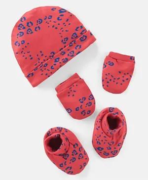 Bonfino 100% Cotton Knit Cap Mittens & Booties Set Leopard Print Red - Diameter 11.5 cm