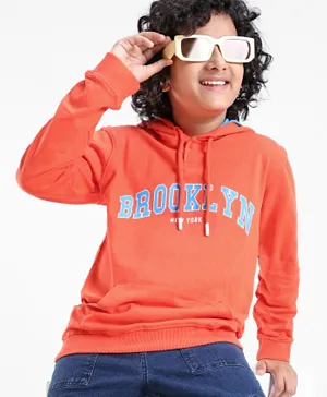 Pine Kids 100% Cotton Knit Full Sleeves Hooded Sweatshirt with Draw String & Utility Pocket Text Print - Orange