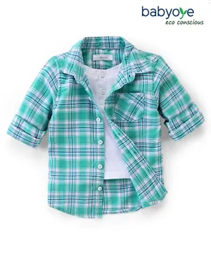 Babyoye 100% Cotton Woven Full Sleeves Checkered Shirts with Inner Tee - Green