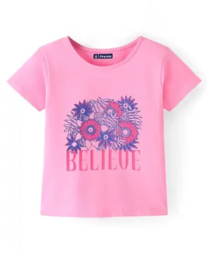 Pine Kids 100% Cotton Knit Half Sleeves Bio-Washed T-Shirt with Floral & Text Print - Pink