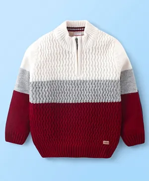 Babyhug Acrylic Full Sleeves Pullover Sweater - Maroon & Off-White