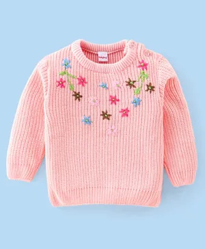 Babyhug Knitted Full Sleeves Sweater With Floral Embroidery - Peach