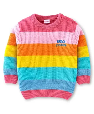 Babyhug 100% Acrylic Knit Full Sleeves Sweater Stripes & Text Embroidery - Multicolor