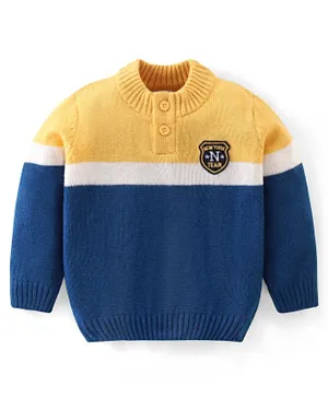 Babyhug 100% Acrylic Knit Full Sleeves Sweater with Colour Block Design - Blue & Yellow