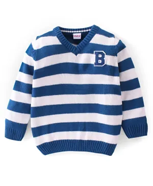Babyhug 100% Acrylic Knit Full Sleeves Sweater With Striped & Embroidery - Blue & White