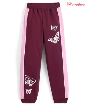 Honeyhap Premium Cotton Looper Full Length Lounge Pant With Bio Finish & Butterfly Print - Beet Red