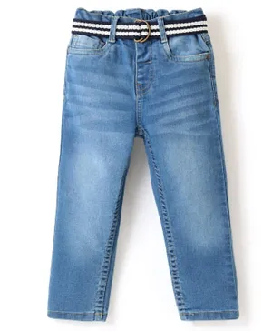 Babyhug Cotton Spandex Full Length Stretchable Washed Jeans with Fabric Belt - Blue