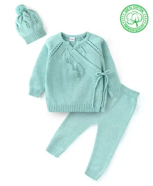 Babyhug Organic Cotton Knit Full Sleeves Sweater Set With Cap - Light Blue