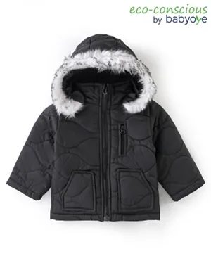 Babyoye Full Sleeves Solid Dyed Hooded Jacket-  Black