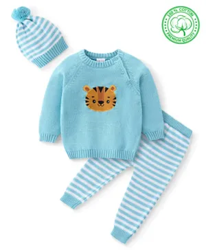 Babyhug Organic Cotton Tiger Embroidered & Striped Sweater Set - Blue