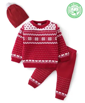 Babyhug Organic Cotton Knit Baby Sweater Set Intarsia Design - Red